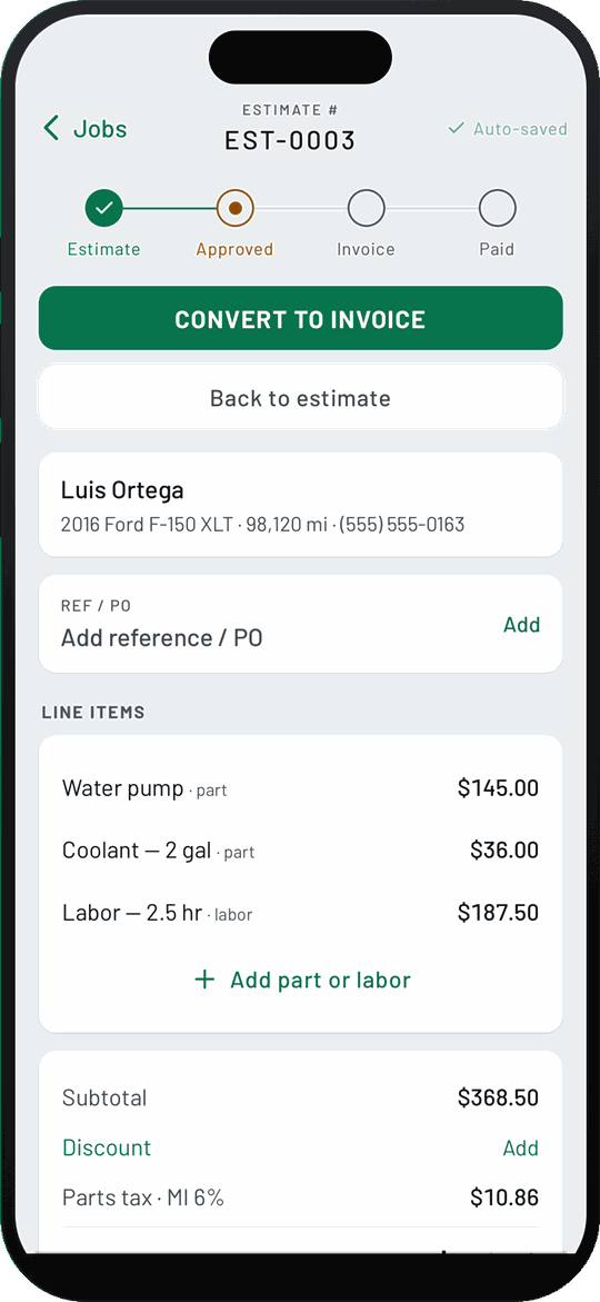 WrenchStrike approved estimate with the Estimate, Approved, Invoice, Paid tracker and a Convert to invoice button