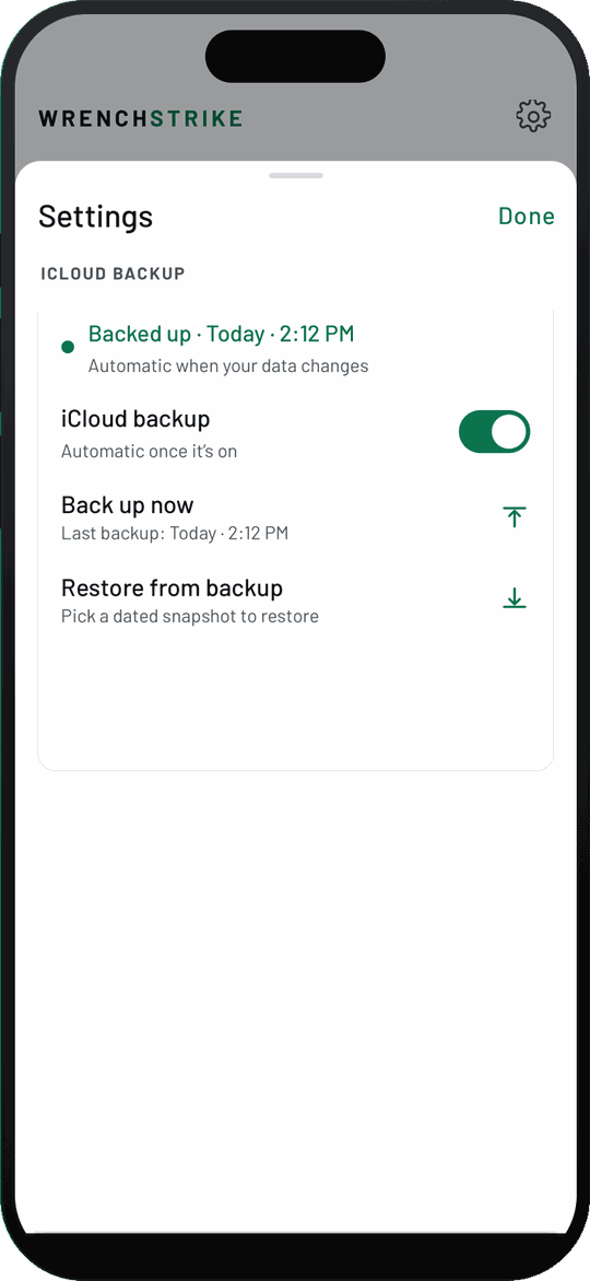 WrenchStrike iCloud backup settings showing backed up status, Back up now and Restore from backup