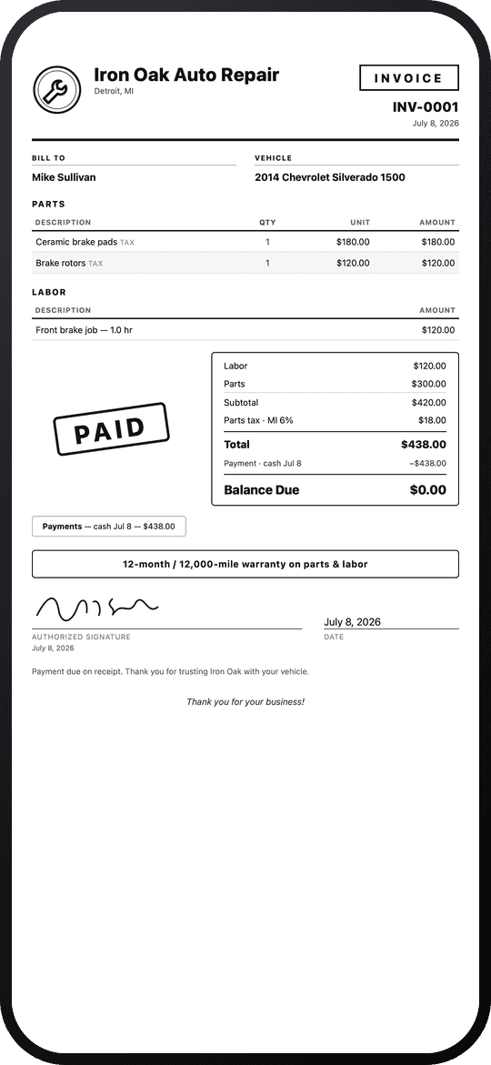 WrenchStrike invoice PDF with a shop logo, parts and labor lines, parts tax, a paid stamp and a warranty line