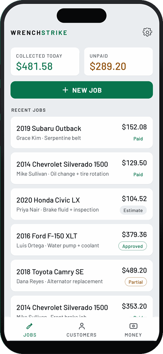 WrenchStrike jobs list with collected today and unpaid totals, and Paid, Estimate, Approved and Partial pills