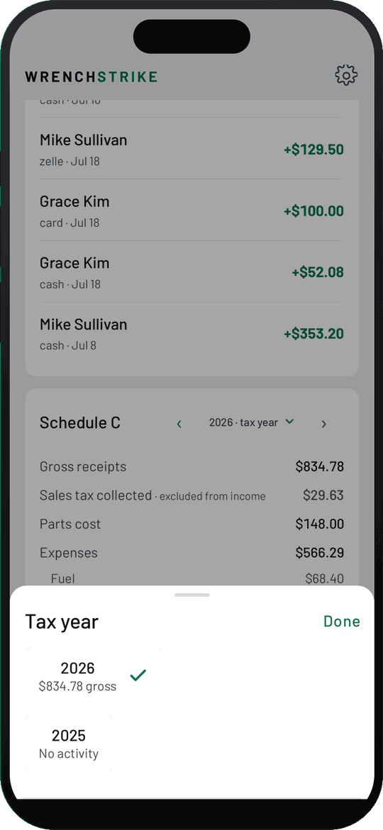 WrenchStrike Schedule C summary with gross receipts, sales tax collected, parts cost and expenses, and a tax year picker