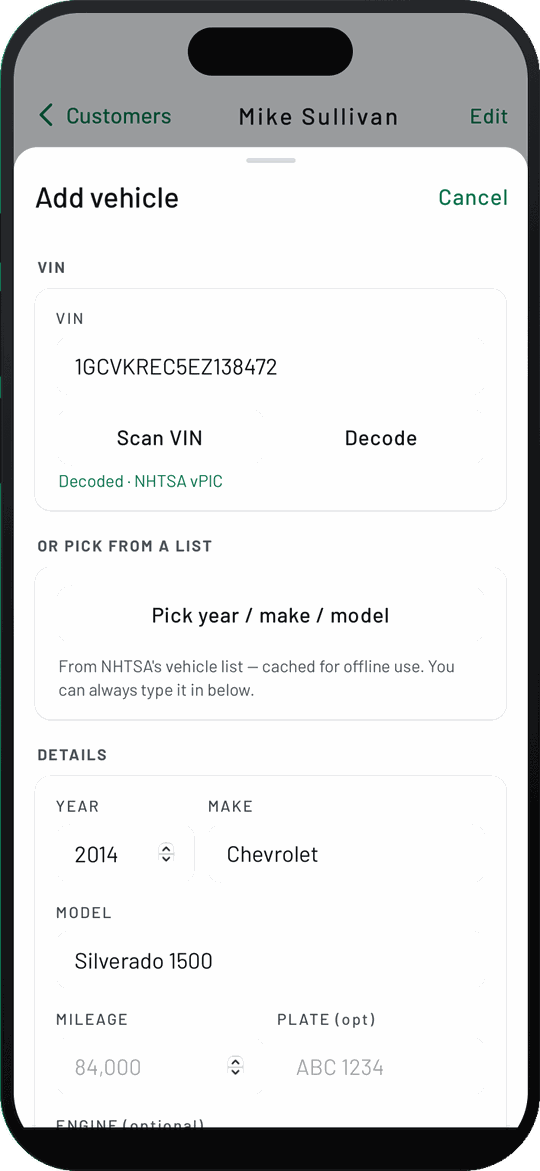 WrenchStrike Add vehicle screen with Scan VIN and Decode buttons, and year, make and model filled in from NHTSA