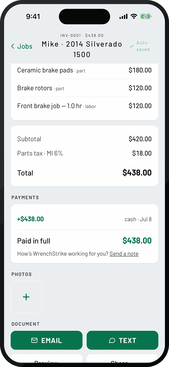 WrenchStrike invoice screen on iPhone showing parts, labor and total