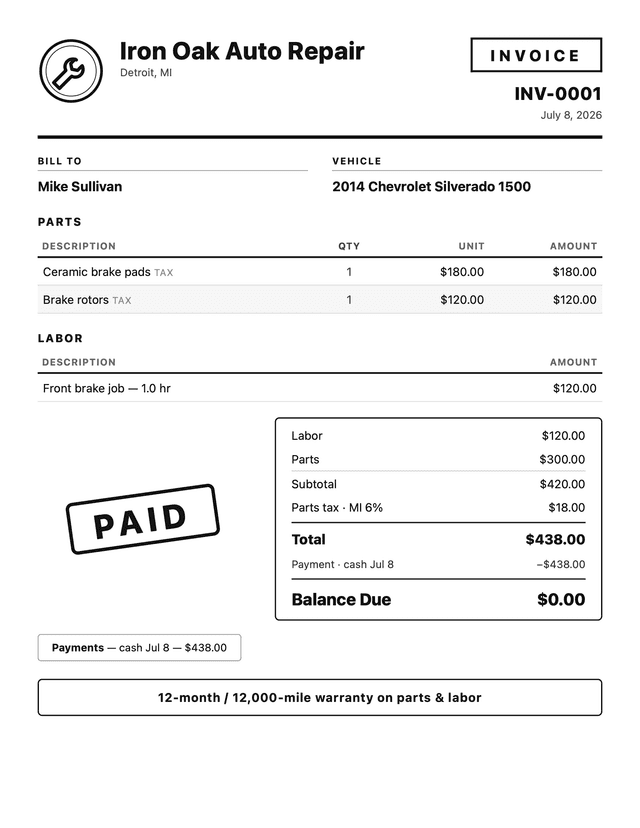 The PDF invoice WrenchStrike sends to the customer