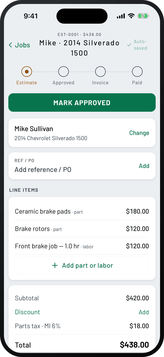 WrenchStrike estimate EST-0001 for a 2014 Chevrolet Silverado 1500: ceramic brake pads $180.00, brake rotors $120.00, front brake job labor $120.00, total $438.00, with the Mark approved button