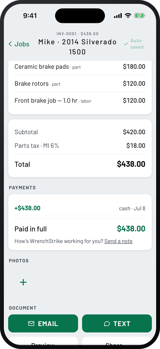 WrenchStrike invoice INV-0001 for $438.00, paid in full in cash on Jul 8, with Email and Text buttons