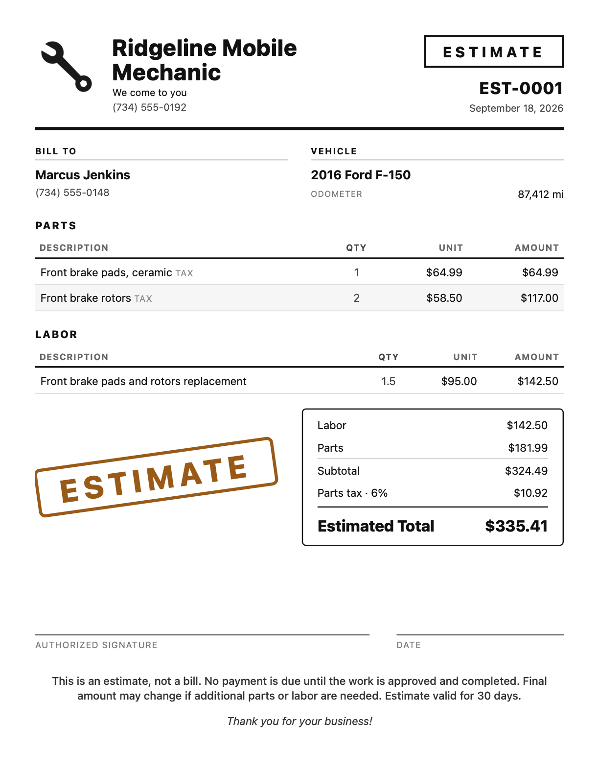 Sample mobile mechanic estimate PDF made with WrenchStrike, ESTIMATE stamp, Ridgeline Mobile Mechanic sample data