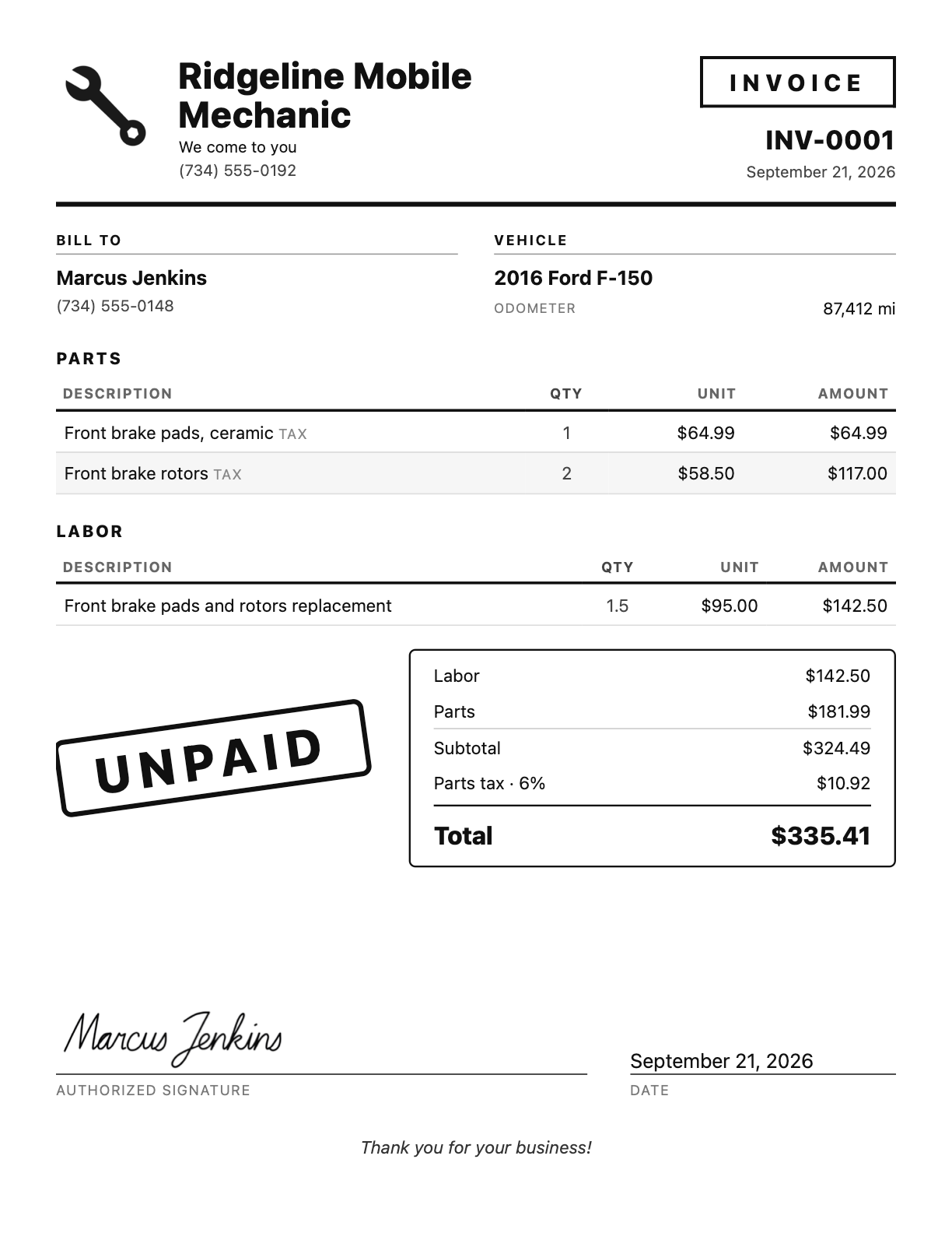 Sample mobile mechanic invoice PDF made with WrenchStrike, UNPAID stamp, customer signature and date, Ridgeline Mobile Mechanic sample data