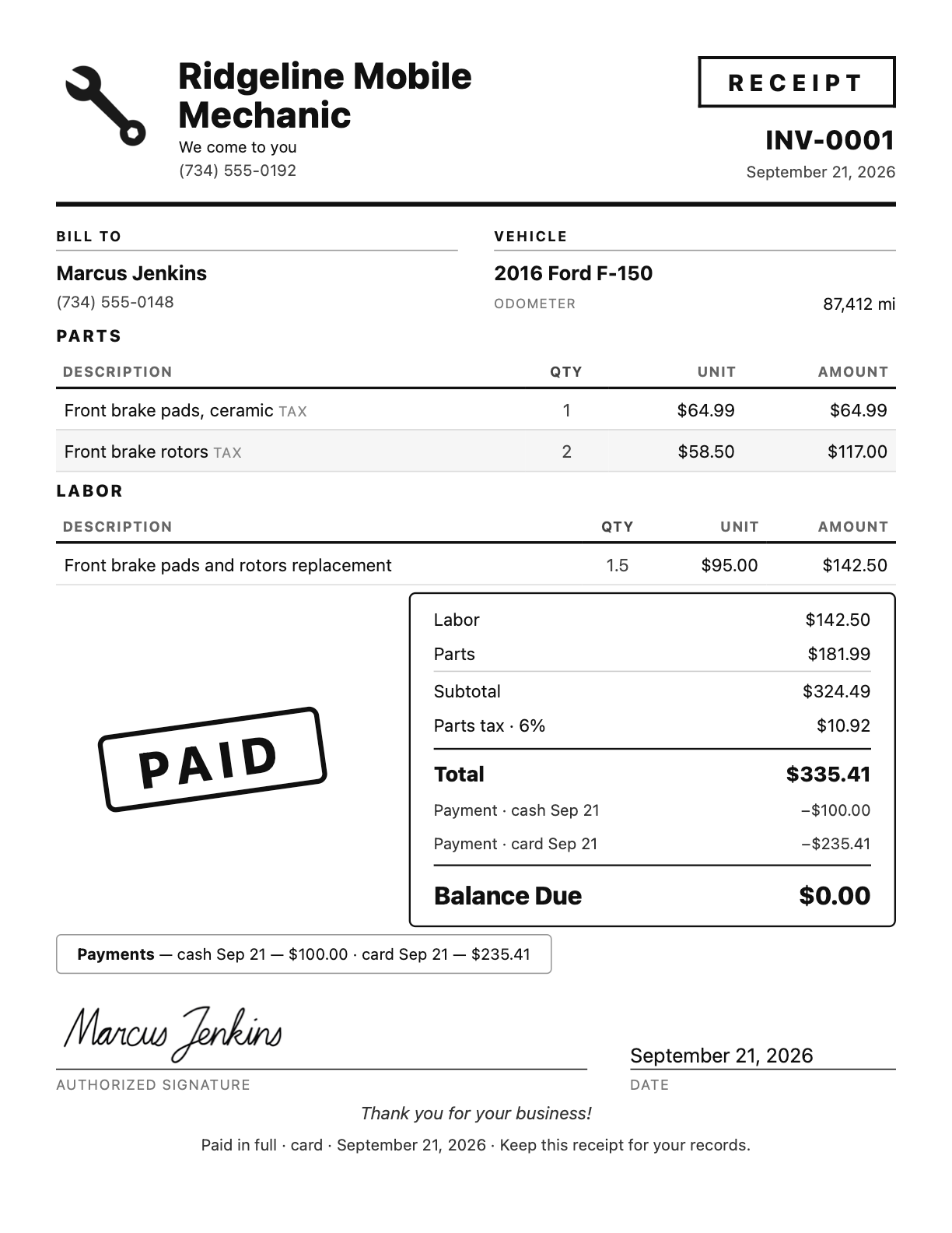 Sample mobile mechanic receipt PDF made with WrenchStrike, PAID stamp, cash and card payments listed, Ridgeline Mobile Mechanic sample data