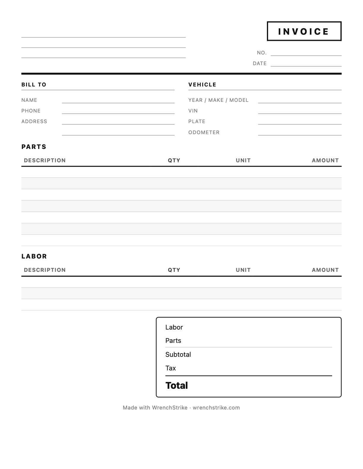 Blank printable mobile mechanic invoice template PDF from WrenchStrike, empty fields for shop, customer, vehicle, parts and labor
